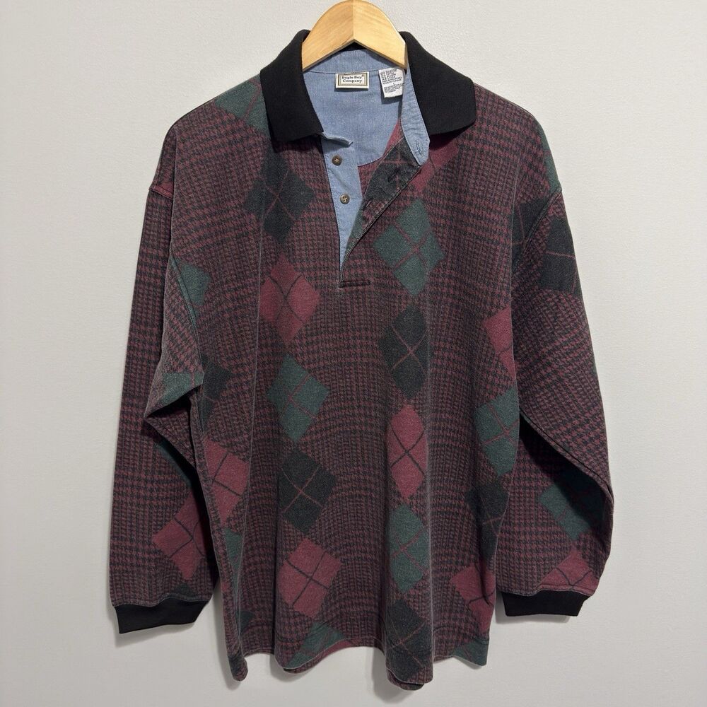 Vintage 90s Bugle Boy Geometric Argyle Knit Long Sleeve Polo Shirt Mens Size L